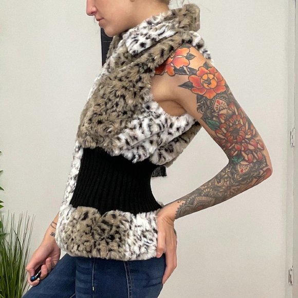 SALONI Full Zip Faux Fur Vest Jacket Leopard Print Size S Brown/White - Picture 3 of 6